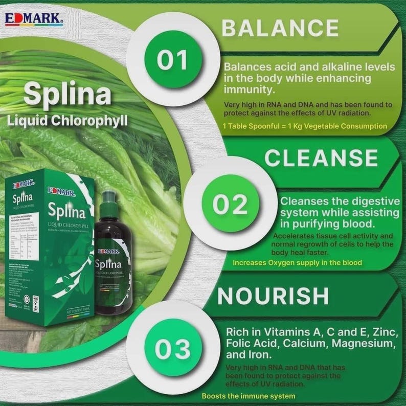 May include: An advertisement for Splina Liquid Chlorophyll. The image features a green box and a brown bottle of the product, along with text highlighting its benefits: balance, cleanse, and nourish. The background includes green leafy vegetables.