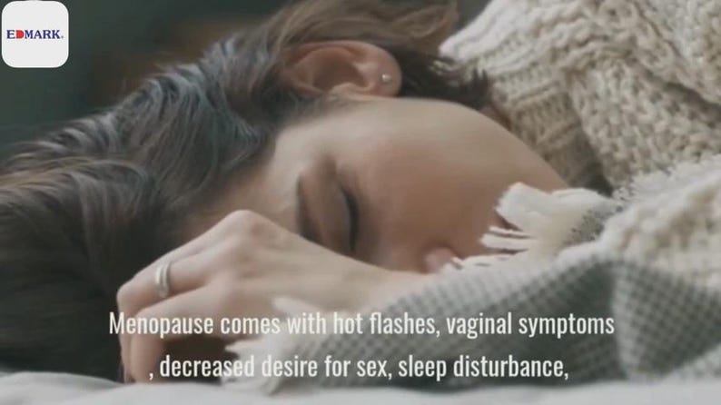 May include: A person resting, with their face partially obscured by their hand. The image includes text that reads "Menopause comes with hot flashes, vaginal symptoms, decreased desire for sex, sleep disturbance,"