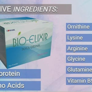 May include: A box of Bio-Elixir Soya Drink with the text "ACTIVE INGREDIENTS:" at the top. The box is white and blue with the brand name and product name. The ingredients listed are Ornithine, Lysine, Arginine, Glycine, Glutamine, and Vitamin B5.