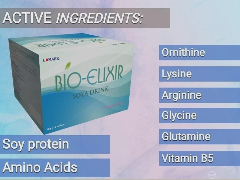 May include: A box of Bio-Elixir Soya Drink with the text "ACTIVE INGREDIENTS:" at the top. The box is white and blue with the brand name and product name. The ingredients listed are Ornithine, Lysine, Arginine, Glycine, Glutamine, and Vitamin B5.