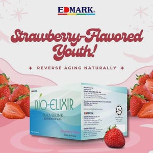 May include: A box of Bio-Elixir Soya Drink with the text "Strawberry-Flavored Youth!" and "Reverse Aging Naturally." The box is light blue and white, with strawberries in the background. The product is a strawberry-flavored soya drink.