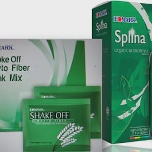 May include: An assortment of EDMARK health products, including boxes and packets of "Shake Off Phyto Fiber Drink Mix" and bottles of "Splina Liquid Chlorophyll." The packaging is predominantly green and white, with product names and branding clearly displayed.
