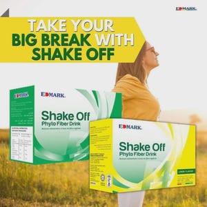 May include: Image of two boxes of "Shake Off Phyto Fiber Drink" with the text "Take Your Big Break With Shake Off". The boxes are white and green with the brand name "EDMARK". The boxes are in front of a woman in a yellow shirt.