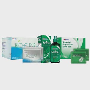 May include: Assortment of EDMARK health products, including boxes of Bio-Elixir, Splina liquid chlorophyll, and Shake Off Phyto Fiber Drink Mix. The products are packaged in white, green, and blue boxes and bottles. The image is well-lit and features the brand's logo.