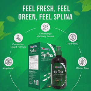 May include: A green bottle and box of Splina liquid chlorophyll with the text "Feel Fresh, Feel Green, Feel Splina." The product is labeled as vegetarian, non-GMO, and gluten-free.