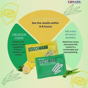 May include: An advertisement for "SHAKE OFF" dietary fiber. The image features two packets, one yellow and one green, with text and illustrations of lemons and aloe vera. The text highlights the product's delicious taste and fast results.