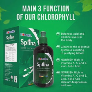 May include: A green box and a dark bottle of Splina Liquid Chlorophyll are displayed against a green background. The bottle has a green cap and a label with the product name. Text on the image highlights the product's functions, including balancing acid levels and purifying blood.