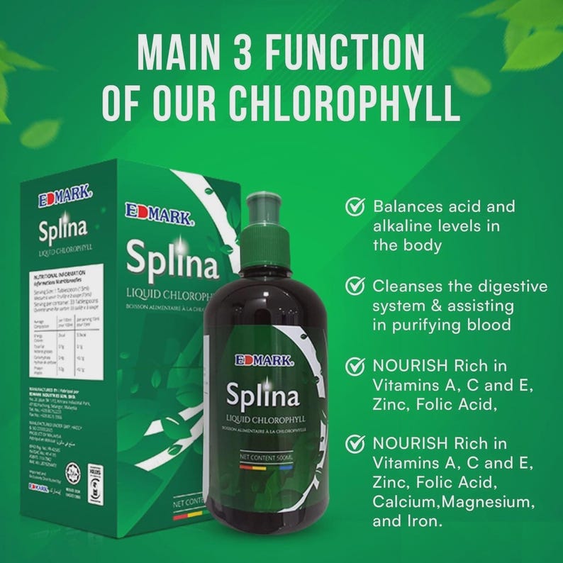 May include: A green box and a dark bottle of Splina Liquid Chlorophyll are displayed against a green background. The bottle has a green cap and a label with the product name. Text on the image highlights the product's functions, including balancing acid levels and purifying blood.