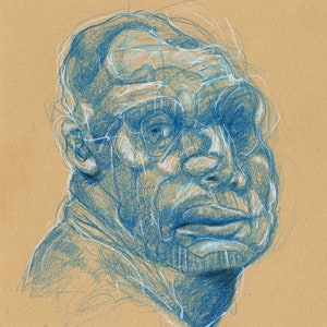 Blue Head. Original small coloured pencil drawing. Abstract figurative study of male face. Art sketch of expressive head. Portrait of man.