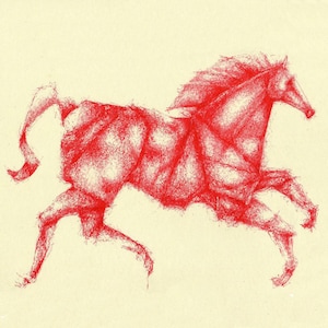 Original art drawing Origami Red Horse pen study. Equine sketch of abstract horse. Ink animal art