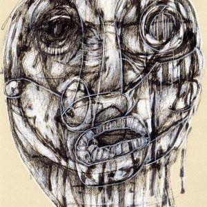 Dibujo original en pluma y tinta de un rostro femenino abstracto. Arte figurativo expresivo. Boceto de artista. Obra de arte expresionista cubista