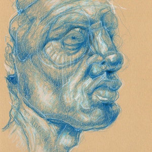 Blue Head. Original small coloured pencil drawing. Abstract figurative study of male face. Art sketch of expressive head. Portrait of man.