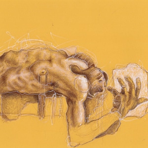 yellow art male figure drawing. Expressive abstract figurative study of life model. Modern contemporary torso sketch. Pencil Charcoal Gay