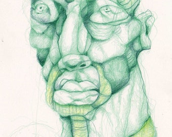 Puede incluir: Un dibujo a lápiz verde de la cara de una persona. El dibujo es detallado y muestra las arrugas y los rasgos faciales de la persona. Los ojos de la persona están cerrados y su boca está ligeramente abierta.