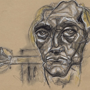 Antonin Artaud. Original charcoal portrait drawing of French writer and poet. Abstract figurative study of male face. Expressive sketch
