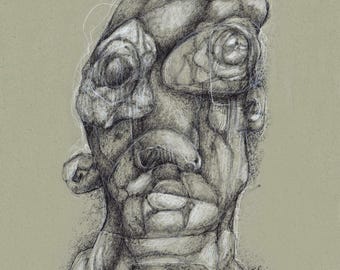 Puede incluir: Un dibujo a lápiz en blanco y negro de una cara humana distorsionada con rasgos exagerados. El dibujo está hecho en un estilo realista y muestra la cara del sujeto en detalle.