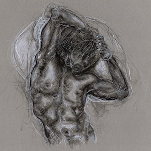 Original art charcoal male figure drawing. Expressive abstract figurative study of life model. Modern contemporary sketch of torso. Gay art