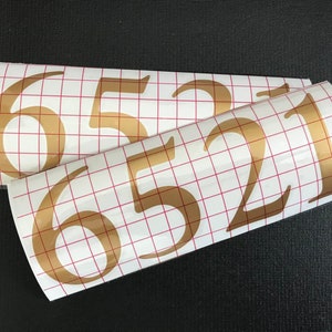 May include: Two rolls of white vinyl with gold-colored numbers. One roll displays the number "6521", and the other displays "652". The vinyl has a grid pattern on the back. The background is black.