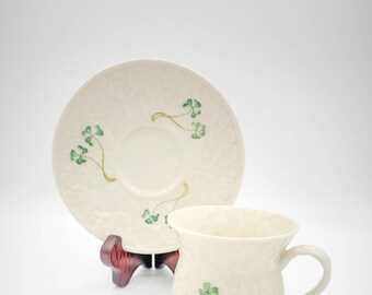 Vintage (2) Pc, Belleek, Ireland, Porcelain Shamrock Teacup and Saucer, 1970s
