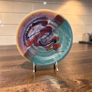 Vintage Studio Art Pottery Reactive Glaze Salad Plate Turquoise Purple Copper Red Handmade Ceramic