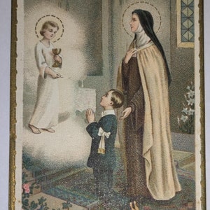 Très belle image pieuse vintage française catholique représentant la vierge sainte, un ange et un fidèle. Carte religieuse ancienne.