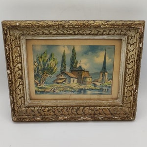 Vintage drawing of a village on the edge of a lake, a woman is on the pontoon
