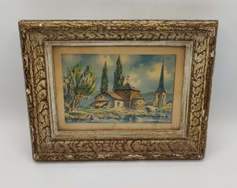 Vintage drawing of a village on the edge of a lake, a woman is on the pontoon