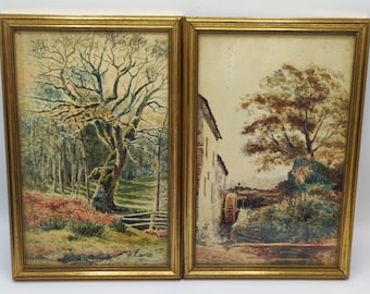 Lot of 2 watercolor paintings representing rural landscapes