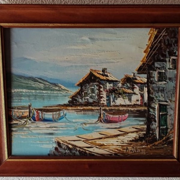 Peinture au couteau vintage représentant un village en bord de mer