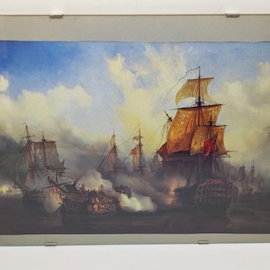 Dibujo vintage que representa una batalla naval.
