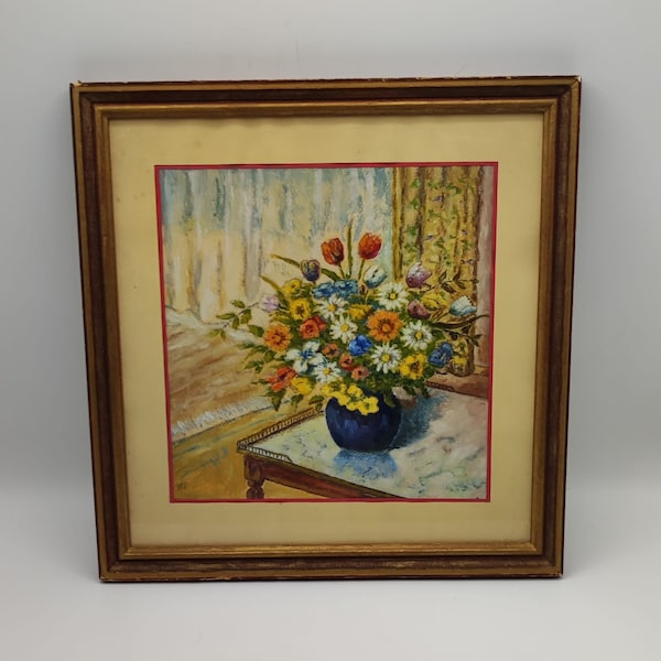 Tableau ancien représentant un grand bouquet de fleur dans un vase bleu sur table miroir