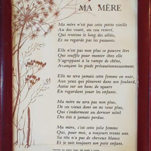 Poesia d'epoca da appendere alla parete "Mia madre", stampata a mano su carta bianca, foglio per foglio.
