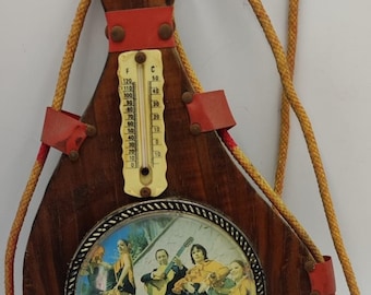 Vintage Corsican wooden thermometer and key ring wall hanging