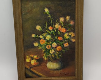 Antique painting on wood signed Laurynet representing a bouquet of flowers and three fruits