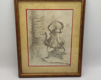 Antique painting of a drawing representing a teapot on its stand signed &quot;Trit&quot;