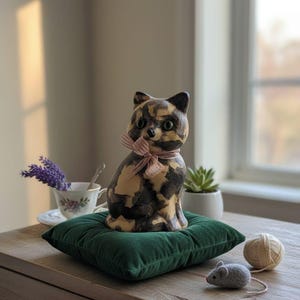May include: A ceramic cat figurine with a camouflage pattern and a pink bow sits on a green velvet pillow. A small gray mouse toy and a ball of yarn are nearby. A teacup with lavender and a small succulent are also present.
