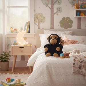 May include: A nursery scene with a plush monkey toy on a white bedspread. A wooden side table holds a crescent moon-shaped lamp. The room features a tree-themed wallpaper and a small wooden train toy.