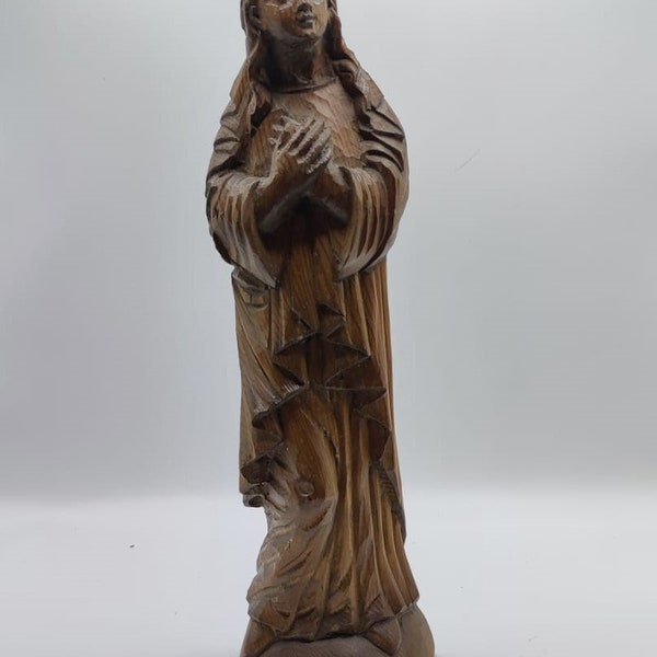 Grande sculpture en bois vintage d'une statuette représentant la vierge marie