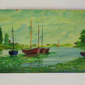 Ölgemälde auf Holz mit Booten am Ufer eines Sees, signiert „Argenteuil“