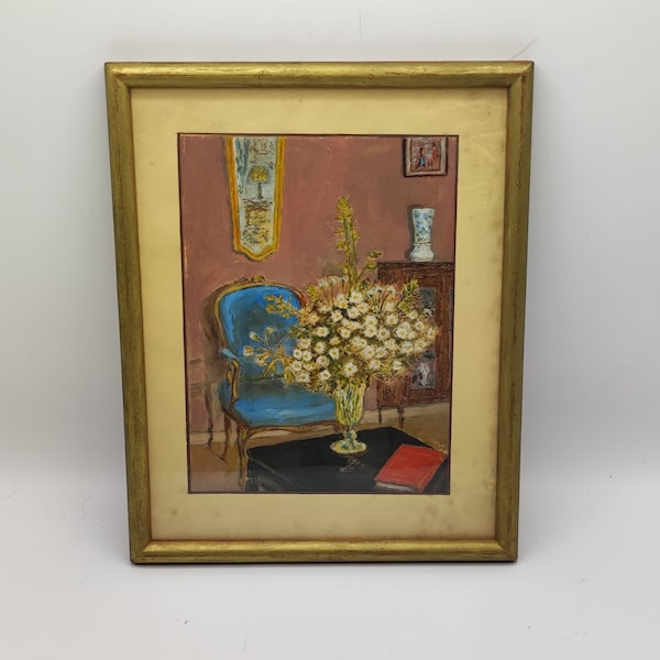 Tableau ancien représentant un salon avec un fauteuil bleu et un bouquet de pissenlits