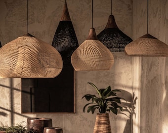 Vintage hanglamp, houten rotan lichtarmatuur, geweven rotan lampenkap, eetkamer restaurant keuken licht, bamboe lampenkap handgemaakt