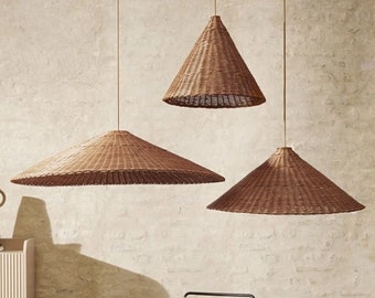 Pantalla de lámpara de cono, pantalla de lámpara de ratán, luz colgante de ratán, lámpara de ratán, sombra de lámpara de bambú, luz colgante de bambú, luz de mimbre colgante