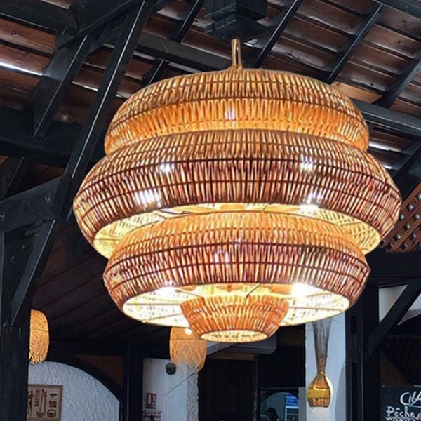 Woven Rattan Lampshade, Handmade Pendant Light Fixture, Wicker Bamboo Lighting for Kitchen Dining room, Kitchen Island Chandelier Hanging