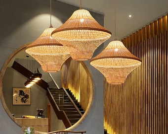 Rieten bamboe lampenkap, bamboe hanglamp, bamboe lichtarmatuur, rotan lampenkap, rotan hanglamp, geweven rotan verlichting