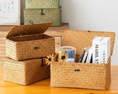 HQ Seagrass Basket With Lid, Woven Seagrass Storage Baskets, Straw Storage Seagrass Box, Straw Boxes Wicker Storage, Handmade Rattan Baskets