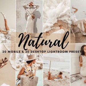 Peut inclure: Un ensemble de 40 préréglages Lightroom pour mobile et ordinateur de bureau, appelé "Natural". Les préréglages sont conçus pour donner aux photos un aspect chaud et naturel. L'image montre une variété de photos qui ont été éditées avec les préréglages, y compris des photos de personnes, de paysages et de natures mortes.