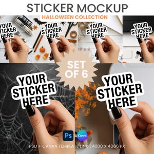 May include: A sticker mockup set of 6 with a Halloween theme. Each sticker displays the text "YOUR STICKER HERE" in a white, bold font. The image includes Halloween-themed props like candy corn, spiders, and pumpkins. The text "STICKER MOCKUP" and "HALLOWEEN COLLECTION" are also visible.