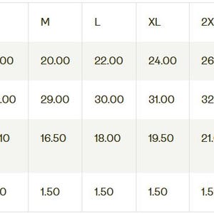 May include: A chart titled "UNISEX ADULT" displays garment measurements in inches for sizes S through 5XL. Measurements include width, length, sleeve length, and size tolerance. The chart is on a light beige background.
