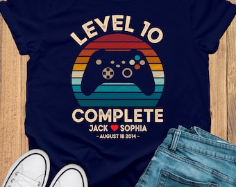 10th Wedding Anniversary Gift for Husband Wife, 10th Anniversary Gift for Husband, Retro Video Game Shirt, Personalization Level 10 Complete