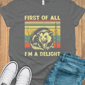 May include: A gray t-shirt with a vintage-style graphic of a possum with the text "First of all I'm a delight".